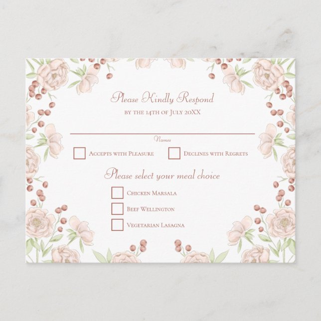 Tarjeta de respuesta de boda de rosa rosa rubor (Anverso)