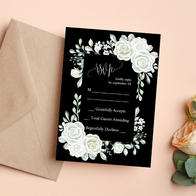 Tarjeta de Respuesta de Boda de Rosas Blancas y Ne (Gothic black and white roses RSVP card adds dramatic elegance while guiding responses.)