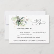 Tarjeta de respuesta de boda de verde y dorado