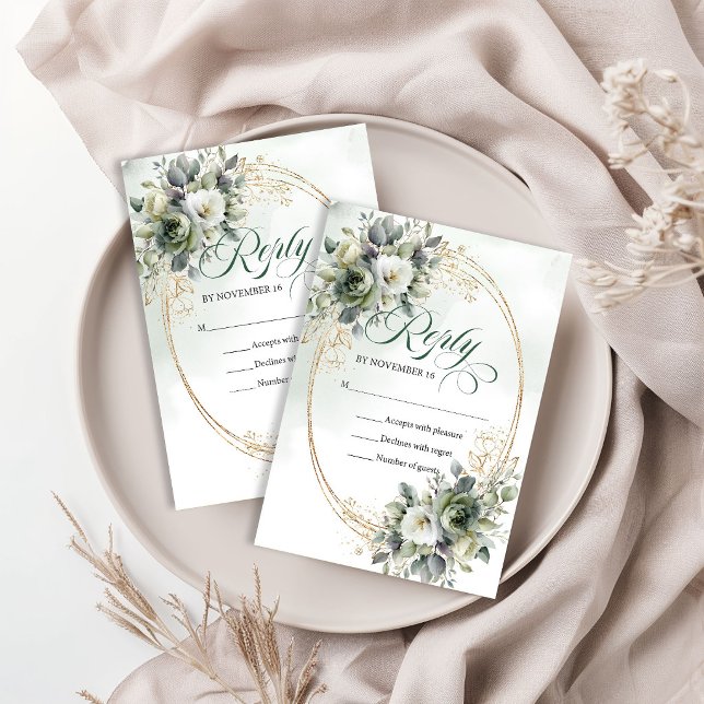 Tarjeta de respuesta de boda dorada con vegetación (Watercolor Greenery Gold Wedding RSVP Card)
