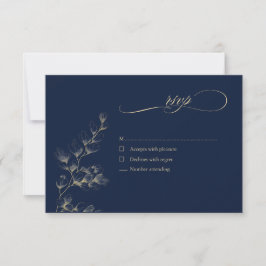 Tarjeta de respuesta de boda dorada y azul marino