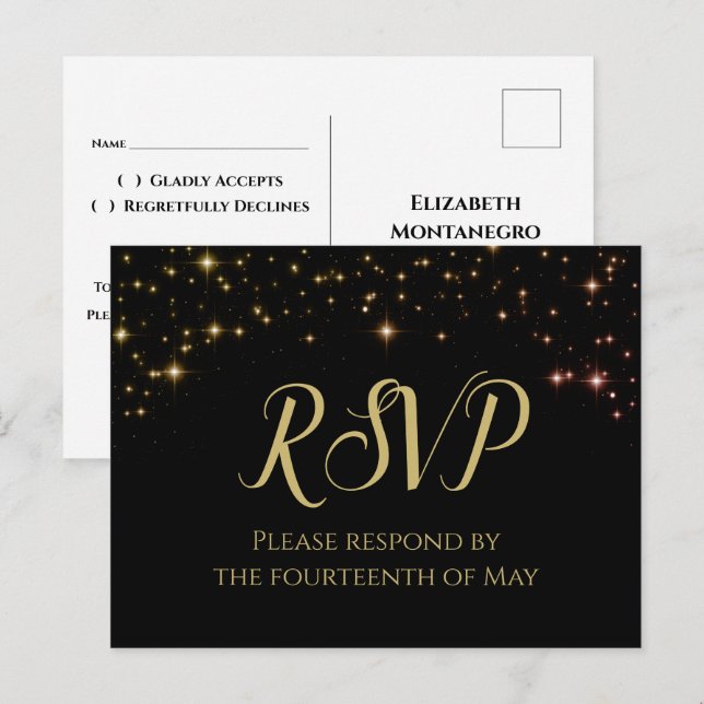 Tarjeta de respuesta de boda dorada y negra con de (Anverso / Reverso)