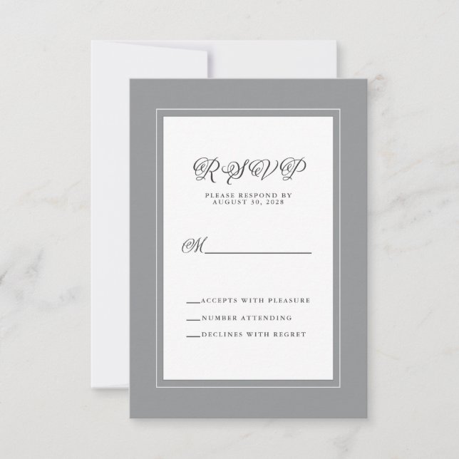 Tarjeta de respuesta de boda elegante blanca gris (Anverso)