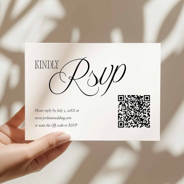 Tarjeta de respuesta de boda elegante con código Q (Minimal Black and White Rsvp with QR Code Card)