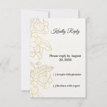 Tarjeta de respuesta de boda elegante en oro y flo