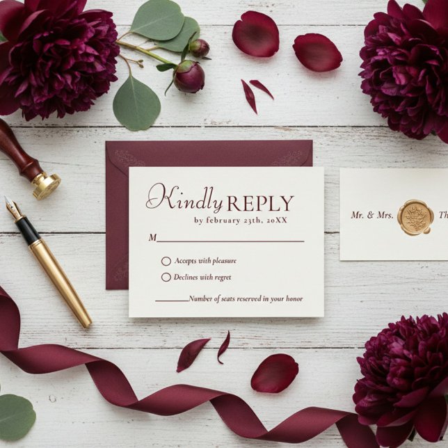 Tarjeta de respuesta de boda elegante y chic burgu (Subido por el creador)