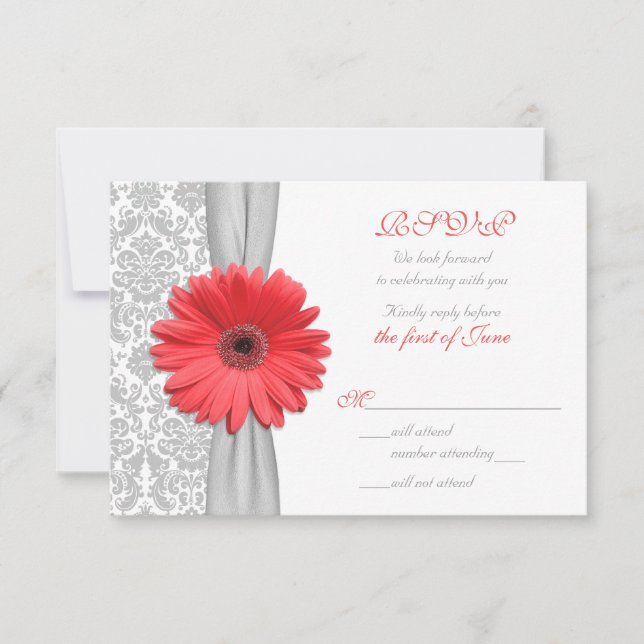 Tarjeta de respuesta de boda en damasco gris de ge (Anverso)