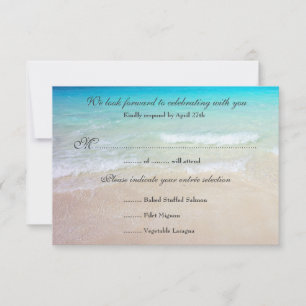 Tarjeta de respuesta de boda en la playa con menú