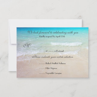 Tarjeta de respuesta de boda en la playa con menú 
