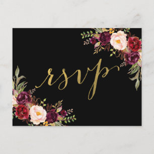 Tarjeta de respuesta de boda en negro con flores d