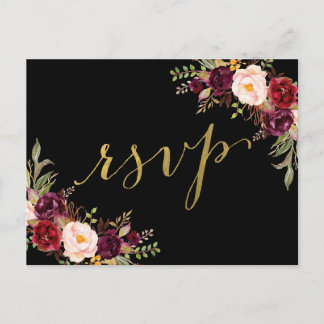 Tarjeta de respuesta de boda en negro con flores d
