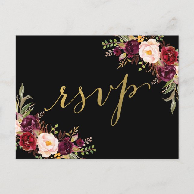 Tarjeta de respuesta de boda en negro con flores d (Anverso)