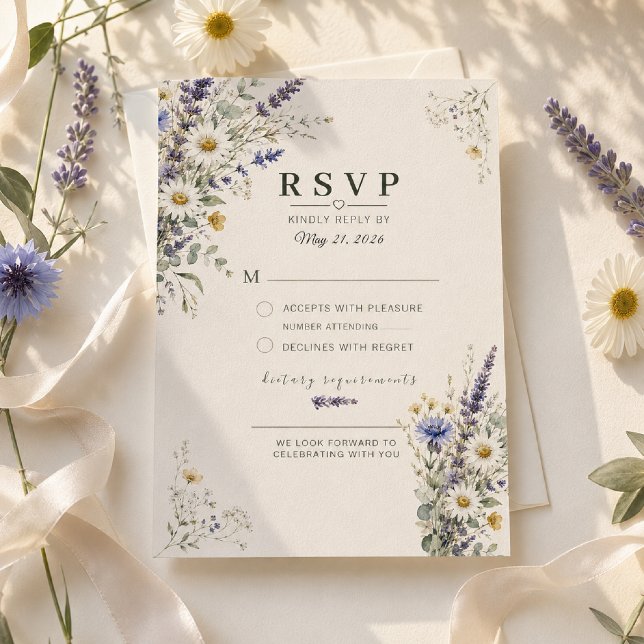 Tarjeta de respuesta de boda en prado de flores si (Elegant RSVP card styled with fresh wildflowers and soft natural light.)