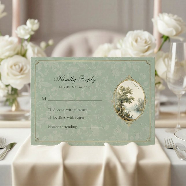 Tarjeta de respuesta de boda en verde sage pastora (Subido por el creador)