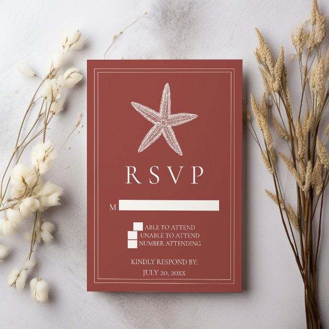 Tarjeta de respuesta de boda Estrella de mar de te (Terracotta Starfish Wedding RSVP Card)