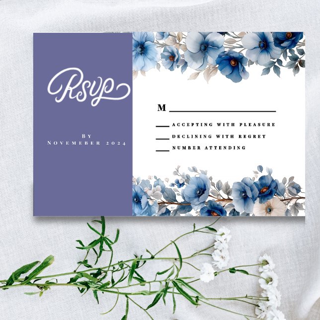 Tarjeta de respuesta de boda floral azul polvorien (Subido por el creador)