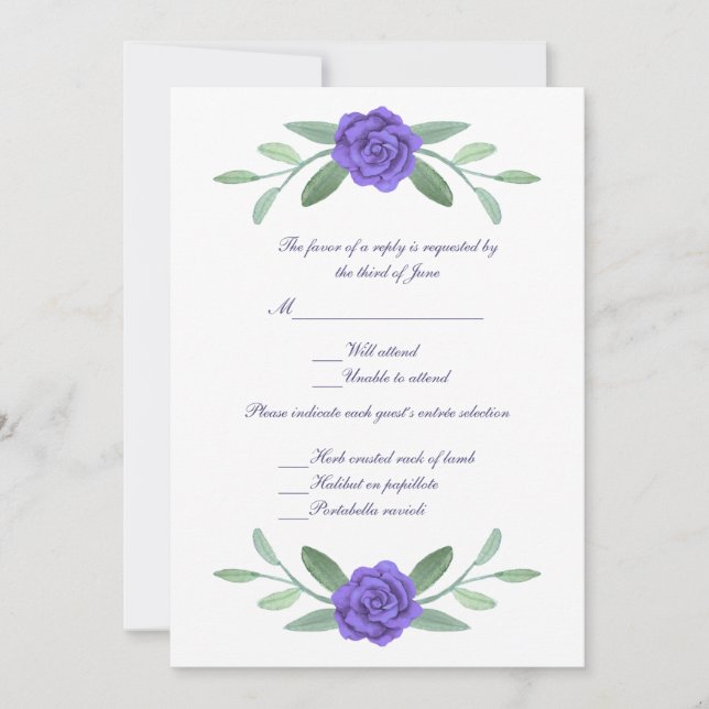 Tarjeta de respuesta de Boda floral azul púrpura (Anverso)