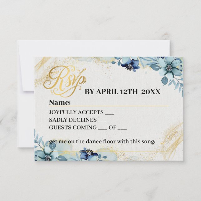 Tarjeta de respuesta de Boda floral azul y blanco  (Anverso)