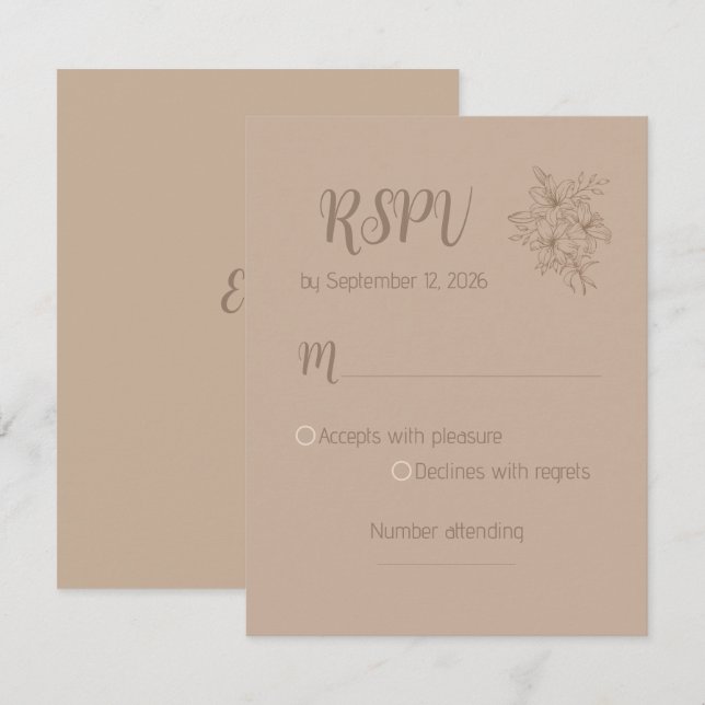 Tarjeta de respuesta de boda floral beige elegante (Anverso / Reverso)