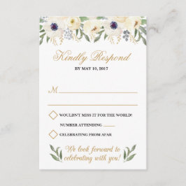 Tarjeta de respuesta de boda floral blanca y dorad