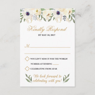 Tarjeta de respuesta de boda floral blanca y dorad