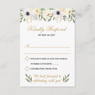 Tarjeta de respuesta de boda floral blanca y dorad