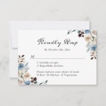 Tarjeta de respuesta de boda floral boho azul polv