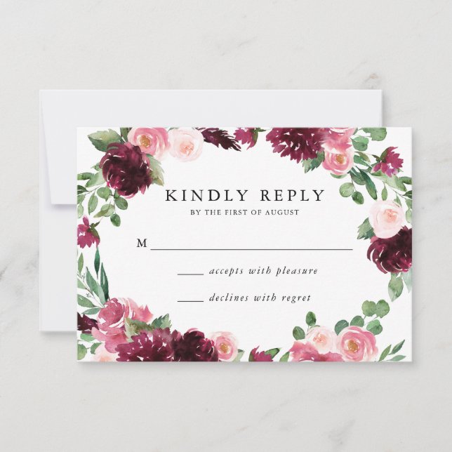 Tarjeta de respuesta de boda floral Boho Borgoña y (Anverso)