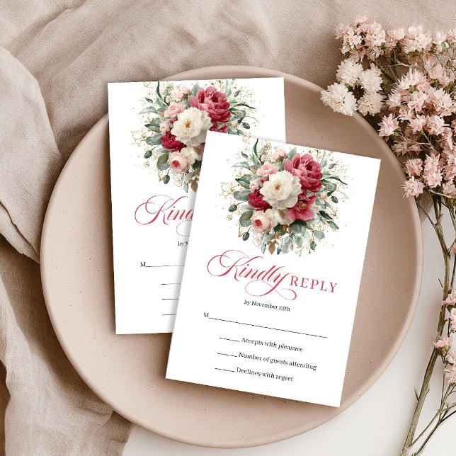 Tarjeta de respuesta de boda floral Boho con rubor (Red Blush Floral Boho Wedding RSVP Enclosure)