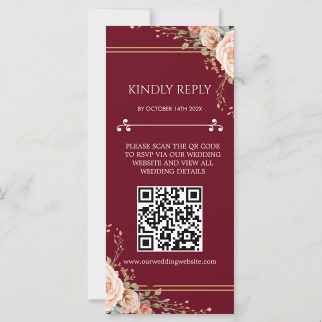 Tarjeta de respuesta de boda floral con código QR (Anverso)