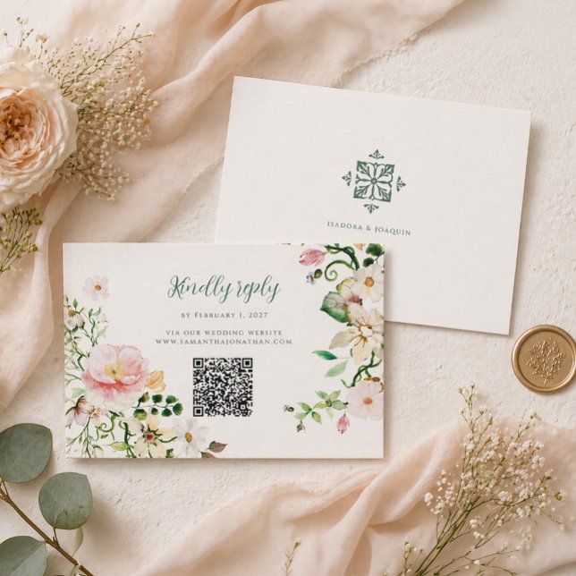 Tarjeta de respuesta de boda floral con código QR (Subido por el creador)
