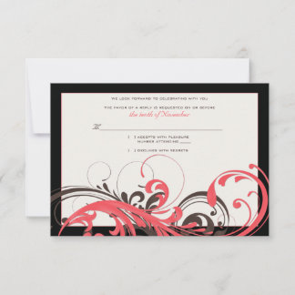 Tarjeta de respuesta de boda floral coral, marrón 