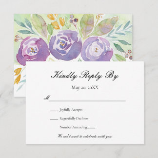 Tarjeta de respuesta de boda floral de acuarela pú