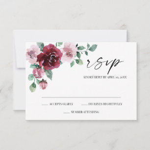 Tarjeta de respuesta de boda floral de Borgoña y r