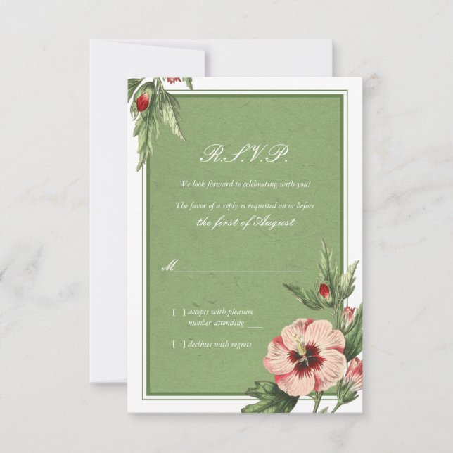 Tarjeta de respuesta de boda floral de hibisco vin (Anverso)