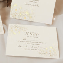 Tarjeta de respuesta de boda floral de oro marfil