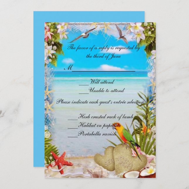 Tarjeta de respuesta de Boda floral de playa tropi (Anverso / Reverso)