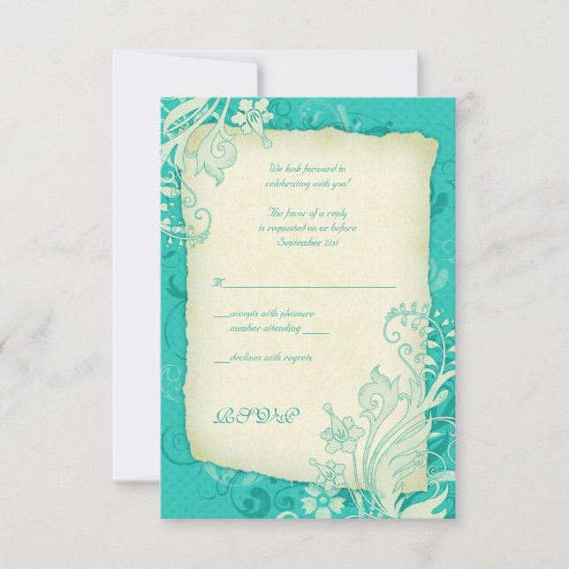 Tarjeta de respuesta de boda floral de turquesa y  (Anverso)