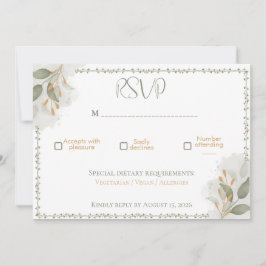 Tarjeta de respuesta de boda floral dorada y verde