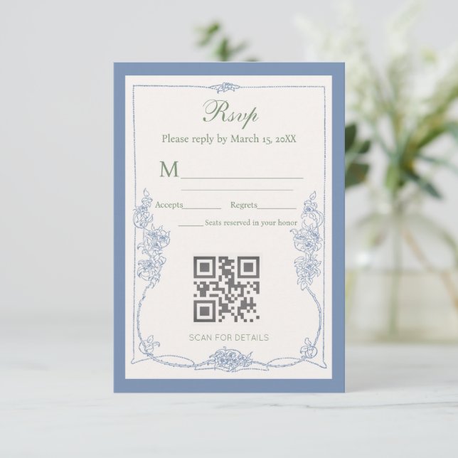 Tarjeta de respuesta de boda floral francesa verde (Anverso de pie)