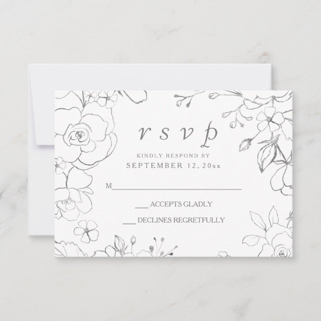 Tarjeta de respuesta de boda floral gris plateado  (Anverso)