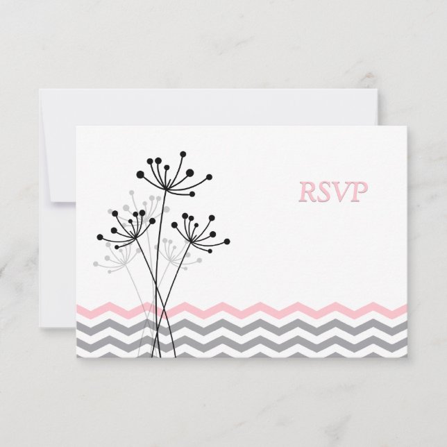 Tarjeta de respuesta de boda floral gris rosa con  (Anverso)