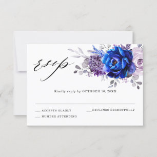 Tarjeta de respuesta de boda floral lila azul real