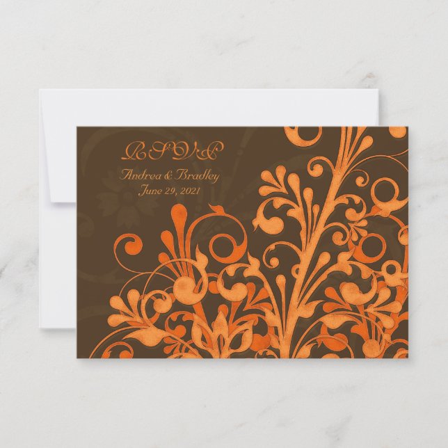 Tarjeta de respuesta de boda floral naranja marrón (Anverso)