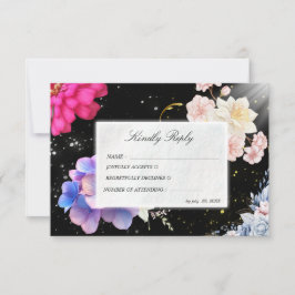 Tarjeta de respuesta de boda floral negra temperam
