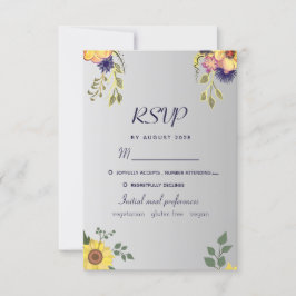 Tarjeta de respuesta de boda floral plateada púrpu