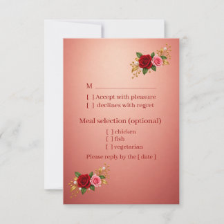 Tarjeta de respuesta de boda floral roja y rosa el