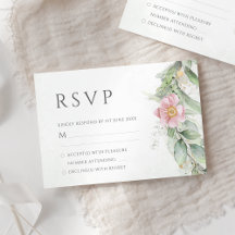 Tarjeta de respuesta de boda floral rosa con veget