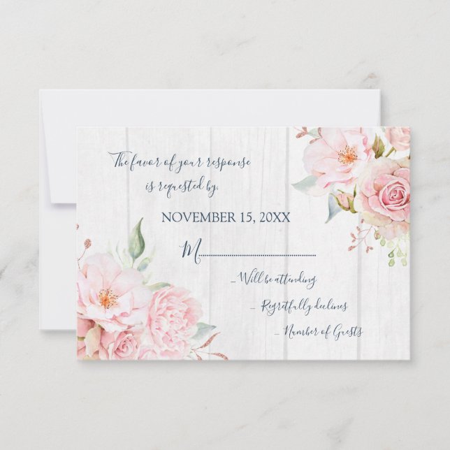 Tarjeta de respuesta de boda floral rosa rústica d (Anverso)
