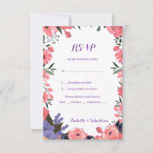 Tarjeta de respuesta de boda floral rosa y lavanda